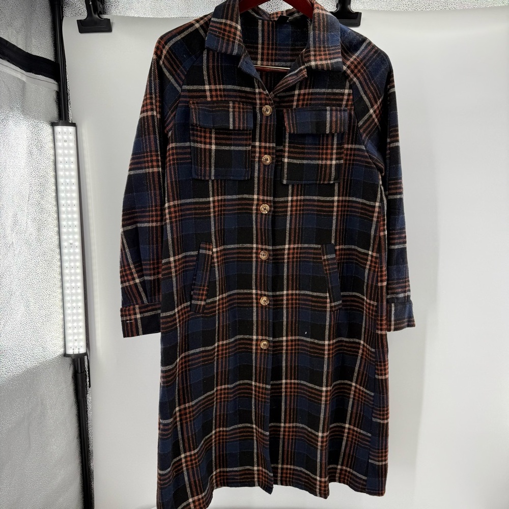 Shein MOOSTA Plaid Pocket Drop Shoulder Flannel Shacket Coat Women EX Small Blue